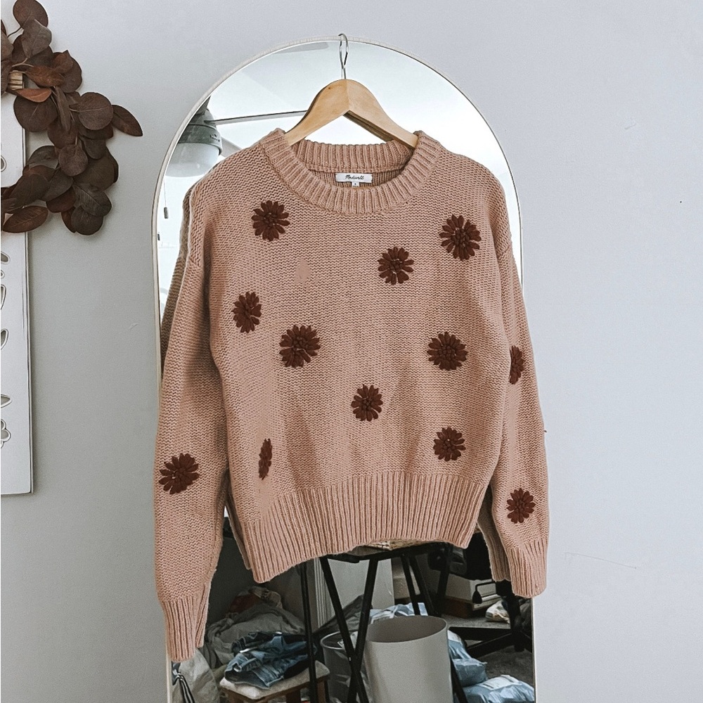 Madewell Floral Embroidered Blush Pink Crew Sweater - Picture 3 of 6